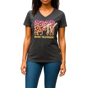 MTV Leopard‎ Print Graphic V-Neck T-Shirt Women's M Gray Cotton NWOT